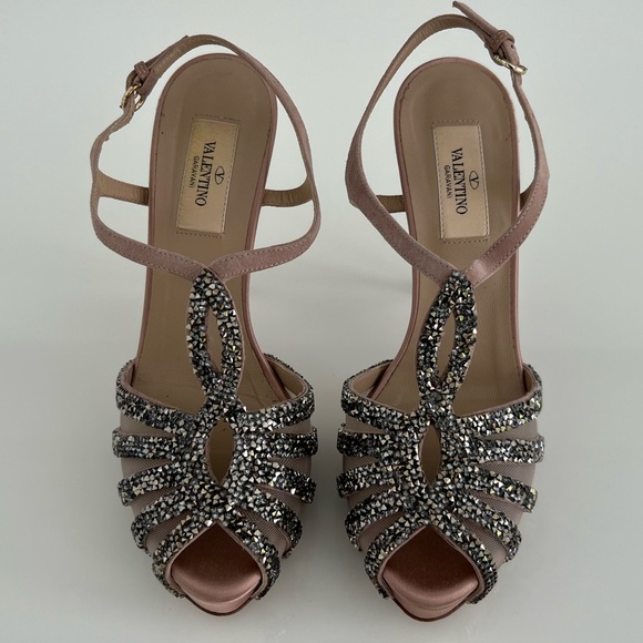 VALENTINO DUSTY PINK MAUVE TONE PLATFORM CRYSTAL SANDALS SIZE IT 37.5 / US 7.5 - Picture 3 of 17